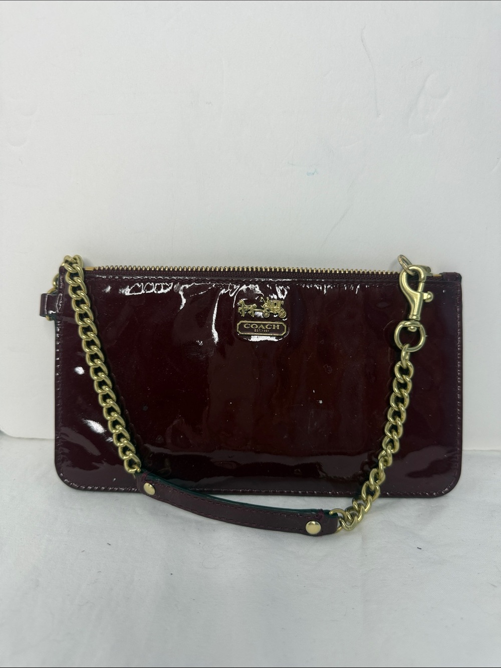 Coach Burgundy Patent Leather Wristlet with Gold Chain